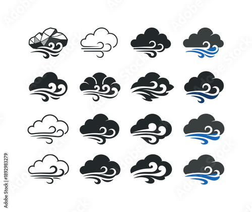 Stormy Cloud Icons. stormy clouds. Icon set. Set Logo of stormy clouds: gust wave. harmonious logo variations of the same emblematic concept, each with