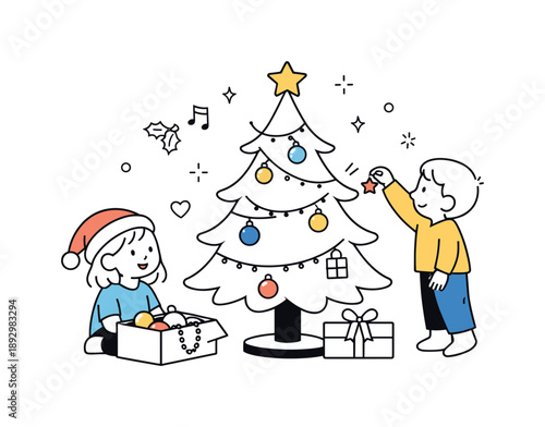 Festive Ornament Delight. Children hanging ornaments final touch. A child placing a small ornament on the last empty branch. Sense of completion and gentle