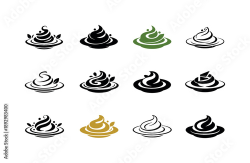 Dish Plating Icons. Dish plating. Icon set. Set Logo of Dish plating: artistic food swirl on plate. harmonious logo variations of the same emblematic concept,