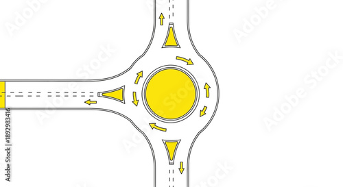 Diagram illustrating a roundabout, a circular intersection on a road, with traffic flow arrows indicating direction of travel and entry/exit lanes with clear yellow markings