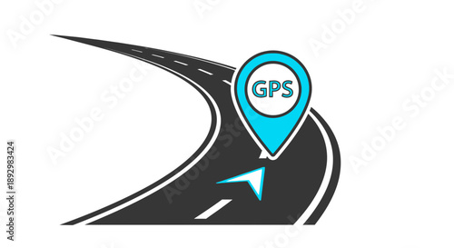 Clean graphic representation of a winding road and a GPS pin, ideal for conveying concepts of travel, navigation, precise location finding, and route planning for modern journeys