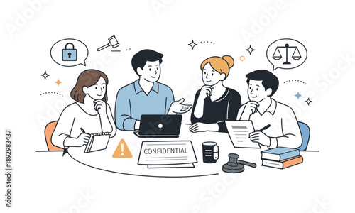 Editorial Team Discussion. Journalism and law. A small editorial team discussing sensitive information with thoughtful gestures and calm expressions. The