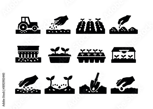 Sowing Methods Icons. Types of sowing. Solid icon set of Types of sowing: direct sowing, broadcast sowing, row sowing, hill sowing, drill sowing, container