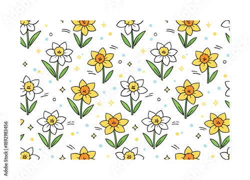 Daffodil Pattern Design. Daffodil seamless pattern. Repeating pattern of simple daffodil flowers with clean outlines and soft spacing, creating a calm spring