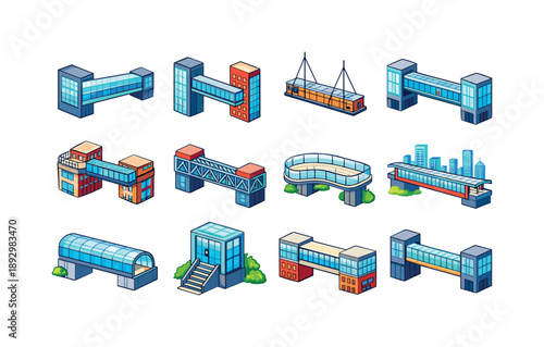 Colorful Skybridge Icons. Skybridge. Colorful isometric vector icons set of Skybridge: modern glass skybridge, high-rise bridge connector, suspended walkway,