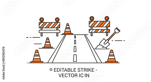 Vector icon of a road construction work zone featuring safety barriers, traffic cones, and a shovel, symbolizing urban maintenance