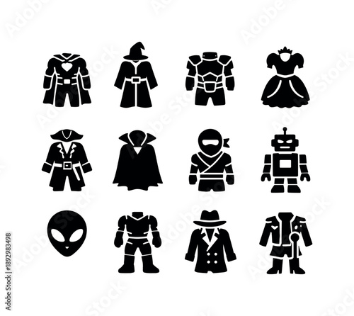Pop Culture Icons Grid. Pop Culture Costumes. Solid icon set of Pop Culture Costumes: superhero suit, wizard robe, sci-fi armor, princess dress, pirate outfit,