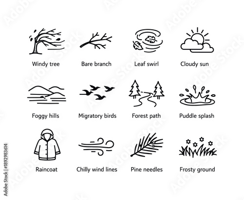 Late Autumn Nature Icons. Late Autumn Nature. Line icon set of Late Autumn Nature: windy tree, bare branch, leaf swirl, cloudy sun, foggy hills, migratory