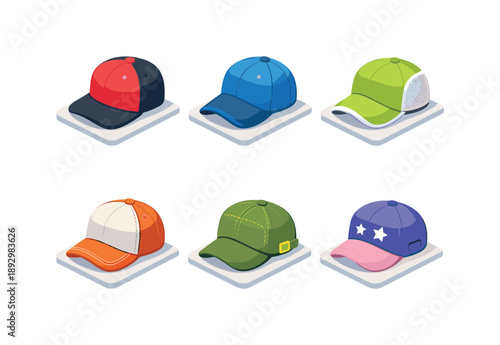 Colorful Cap Collection. Cap collection. Isometric flat vector icons set of cap collection: variety of caps including snapback, curved brim, lightweight