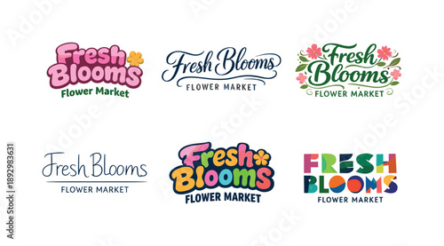 Diverse Lettering Styles. Fresh blooms flower market. Set lettering. harmonious lettering variations of the same emblematic concept, each with different