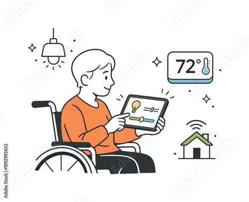 Smart Home Comfort. Technology for independent living. Person using smart home controls on a tablet, managing lights and temperature with ease. Calm everyday