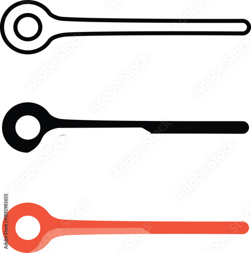 Three abstract shapes with circular ends and long stems circle round line