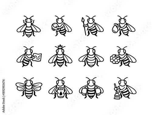Bee Role Icons. How bees make honey. Line icon set of bee roles: worker bee, nurse bee, guard bee, forager bee, scout bee, queen bee outline, drone bee, wax