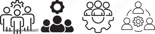 Teamwork Icon Collection: Set of diverse vector icons that representing teamwork, collaboration and unity, each portraying unique configurations of human figures and gears.