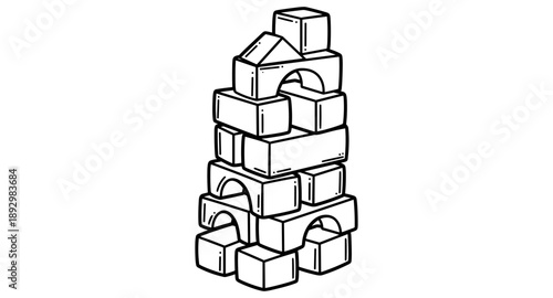 Hand drawn tower of wooden blocks, simple line art illustration for children's play