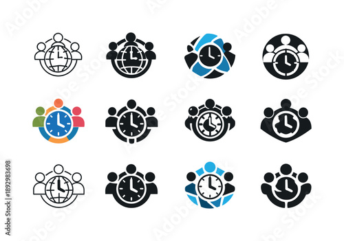 Cross-Timezone Icons. Cross-timezone collaboration. Icon set. Set Logo of Cross-timezone collaboration: team icons around globe clock. harmonious