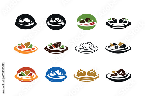 Dish Plating Icons. Dish plating. Icon set. Set Logo of Dish plating: chef-style round plate composition. harmonious logo variations of the same emblematic