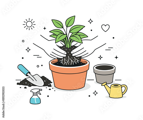 Gentle Plant Repotting. Plant health tips. Hands gently repotting a plant into a slightly larger pot, with soil and roots carefully arranged. The mood suggests