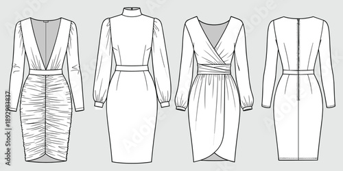 Four white dresses with different necklines and sleeves fashion women's clothing formal wear evening gowns