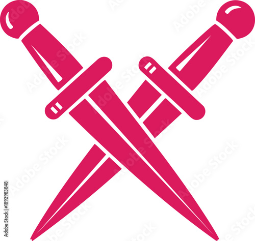 Two crossed pink daggers with rounded pommels and sharp blades sword