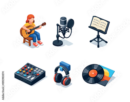 Isometric Musician Icons. Female Musician. Isometric flat vector icons set of Female Musician: woman playing acoustic guitar, recording studio microphone,