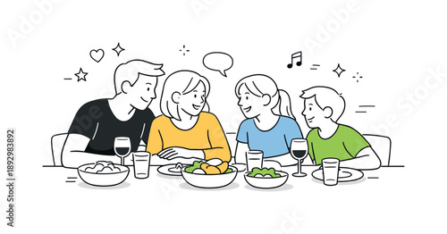 Cozy Family Dinner. Family dinner bonding. Family leaning slightly toward each other while talking, cozy mood and emotional connection. Minimalist flat vector