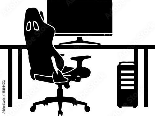 office workspace with a desk, gaming chair, and lamp on transparent background