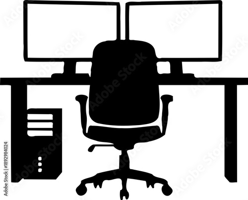A black silhouette of an office workstation with a desk, chair, computer, and dual monitors on transparent background