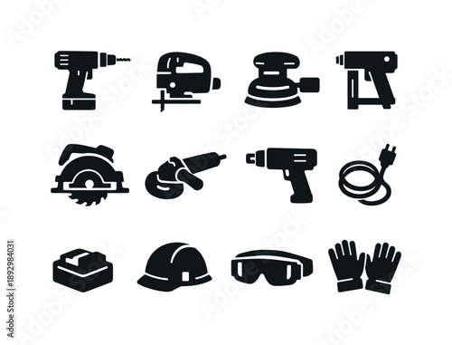 Black Power Tools Icons. Power tools. Solid icon set of Power tools: drill, jigsaw, sander, nail gun, circular saw, angle grinder, heat gun, power cord,