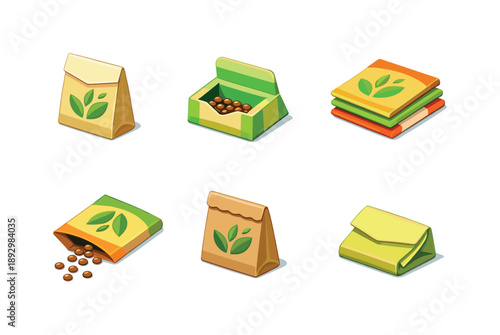 Seed Packet Icons. Seed packets variety. Isometric flat vector icons set of seed packets variety: paper seed packet envelope, opened seed packet, seed packet