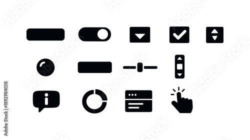 Interactive UI Icons. Interactive UI elements. Solid icon set of interactive UI elements: button, toggle, dropdown, checkbox, radio button, text field, slider,