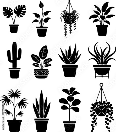 A set of black silhouette potted plants on transparent background