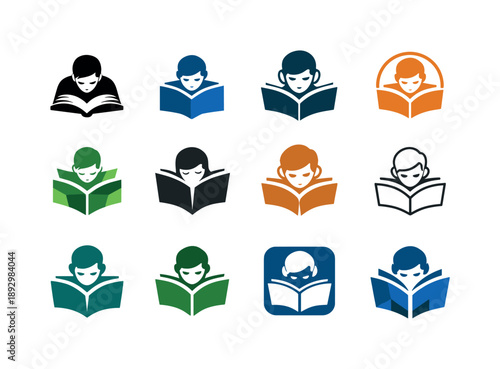 Quiet Study Icons. Students studying in quiet study areas. Icon set. Set Logo of Students studying in quiet study areas: open book and focused face. harmonious