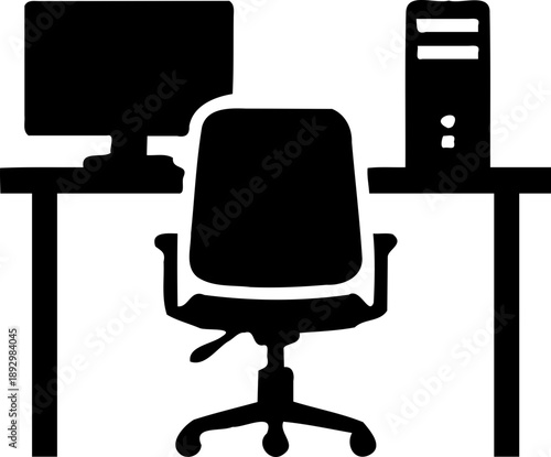 A black silhouette of an office workspace with a computer, chair, and desk on transparent background