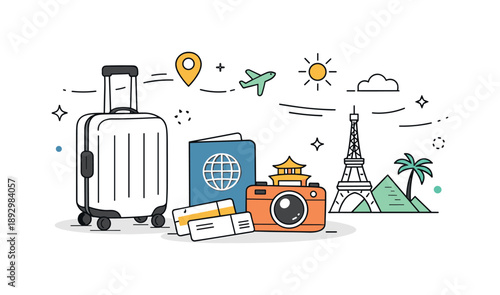 Journey Preparation Scene. Travel & tourism overview. A calm editorial scene combining a suitcase, passport, camera, and simple landmarks,