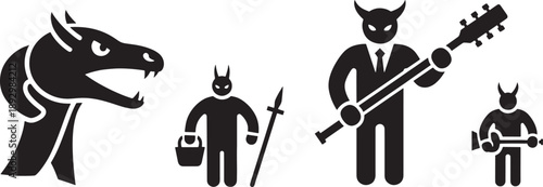 Black Sketched of Devil Characters Playing Music and Holding Tools 1