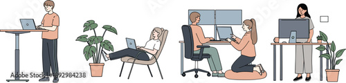 People working on laptops in different positions and settings desks chairs plants
