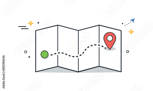 Minimal Map Navigation. Map navigation illustration. Minimal folded map with a location pin and dotted path, expressing exploration and travel planning. Calm