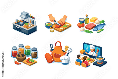 Isometric Gastronomy Icons. Gastronomic tours. Isometric flat vector icons set of Gastronomic tours: cooking class kitchen station, hands preparing food,
