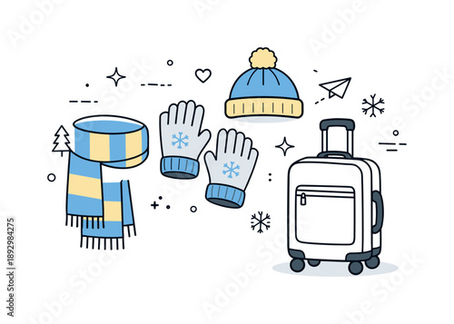 Winter Travel Essentials. Winter travel accessories. A clean arrangement of cold-season travel items like scarf, gloves, hat, and suitcase, showing calm