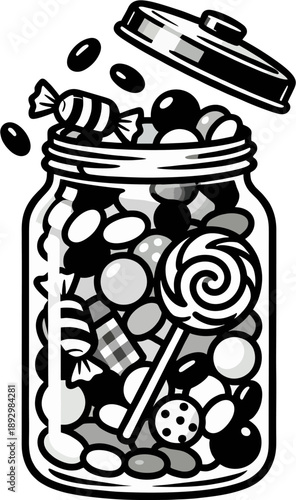 Black and White Candy Jar Overflowing Vector, Line Art Sweets Lollipop Gumballs Illustration