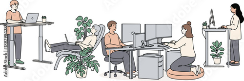 People working at desks with computers and plants in office setting
