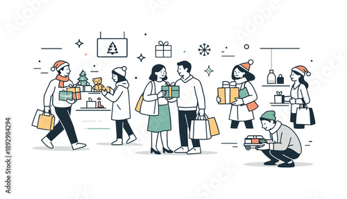 Festive Gift Shopping. Shopping for Christmas gifts. People walking through stores with shopping bags and wrapped presents. Festive mood and thoughtful gift