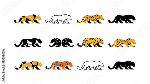 Leopard Logo Variations. Leopards. Icon set. Set Logo of Leopards: leopard tail curve. harmonious logo variations of the same emblematic concept, each with