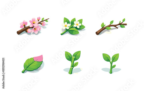 Spring Leaf Icons. Spring leaf & branch sets. Isometric flat vector icons set of Spring leaf & branch sets: flowering cherry branch, small blossom leaves,