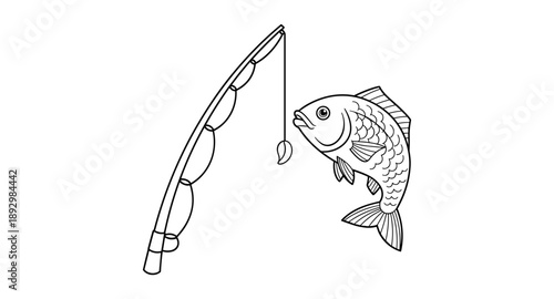 Cartoon fish caught on a fishing rod line with a lure, black and white illustration