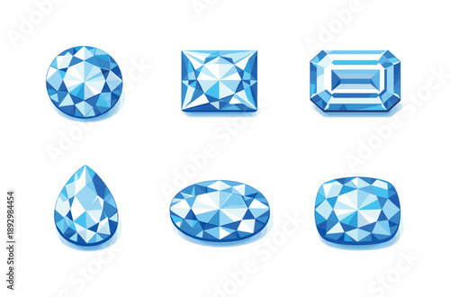 Colorful Diamond Cuts Grid. Diamond cuts. Isometric flat vector icons set of Diamond cuts: round brilliant diamond, princess cut diamond, emerald cut diamond,
