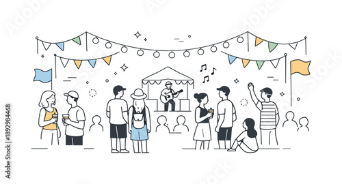 Summer Festival Vibes. Festival crowd outdoors. Attendees standing in an open space with flags and lights, relaxed social gathering and summer atmosphere.