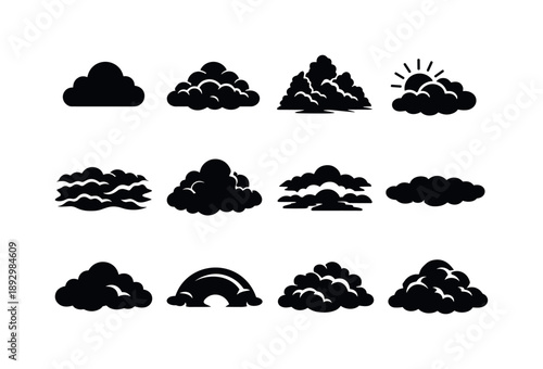 Moody Sky Icons. Moody Sky. Solid icon set of Moody Sky: dark cloud, rolling clouds, dramatic cloudscape, sun glow behind clouds, cloud waves, stormy sky mass,