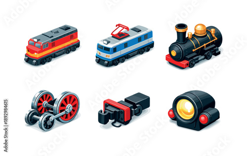 Miniature Locomotive Icons. Miniature Locomotives. Isometric flat vector icons set of Miniature Locomotives: diesel locomotive model, electric locomotive